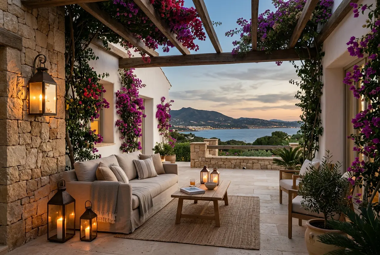 Shaded Andalusian villa terrace at dusk